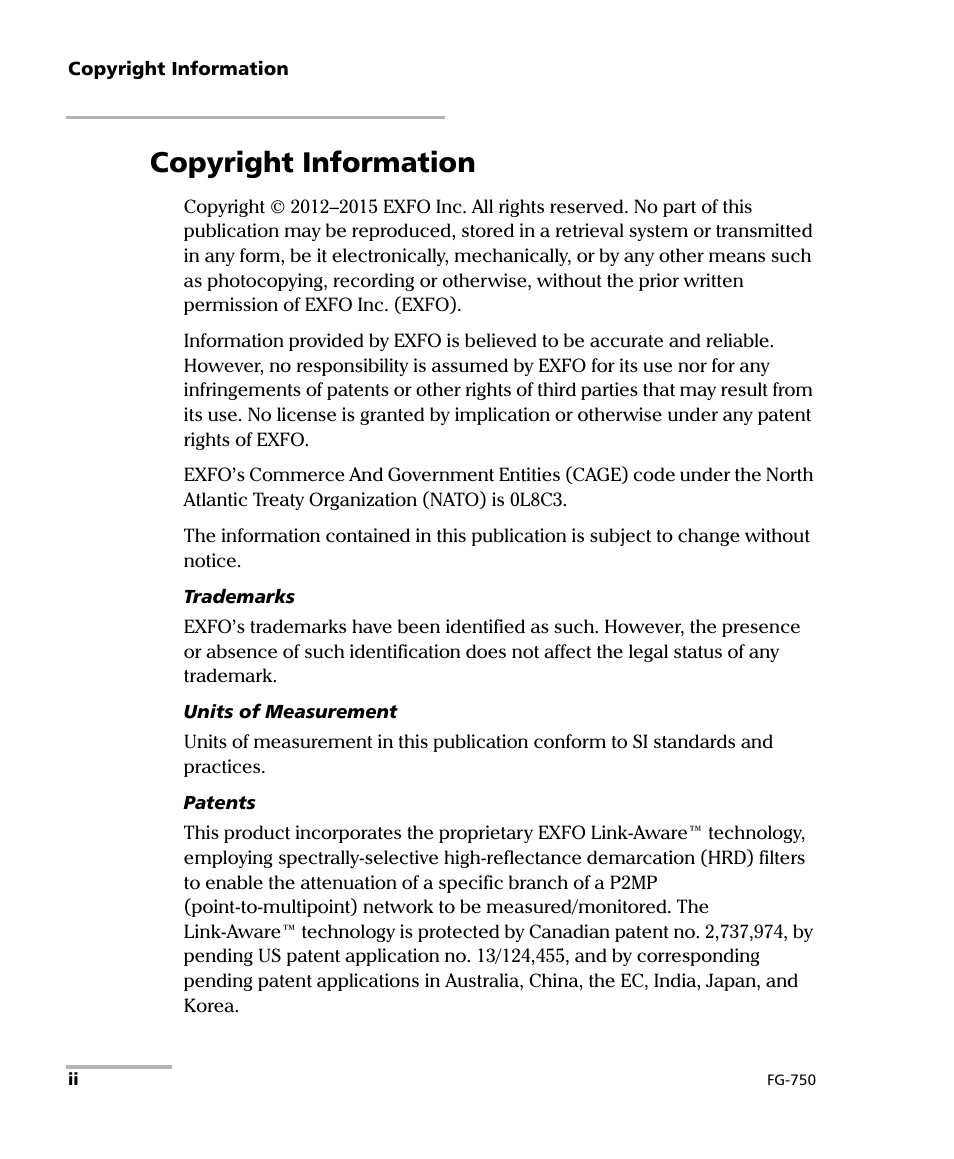 Copyright information | EXFO FG-750 User Manual | Page 2 / 338