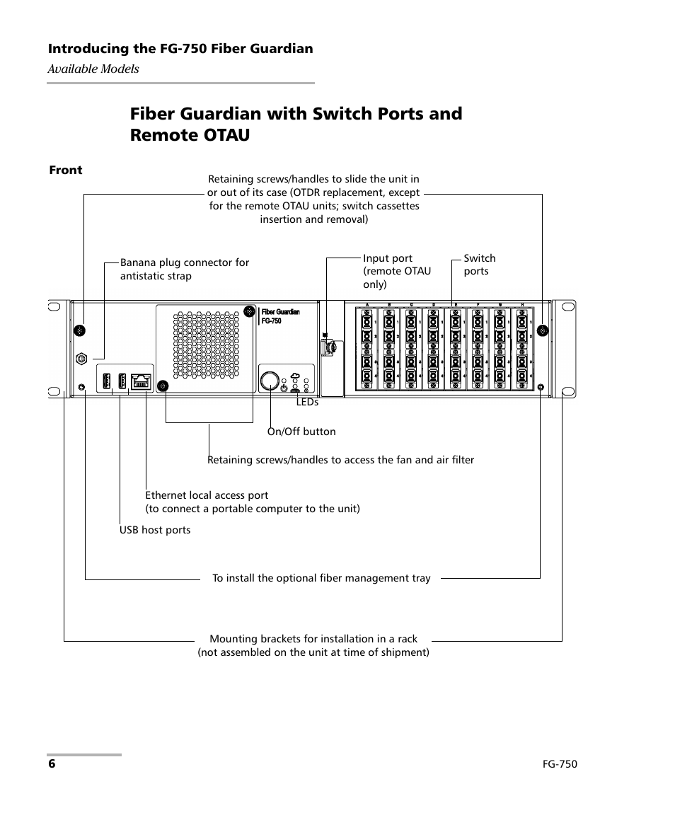 Fiber guardian with switch ports and remote otau | EXFO FG-750 User Manual | Page 20 / 338