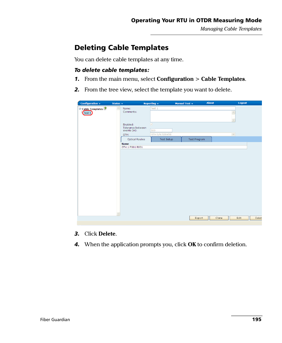 Deleting cable templates | EXFO FG-750 User Manual | Page 209 / 338