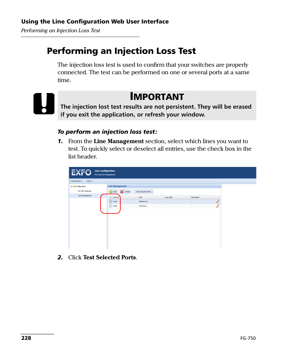 Performing an injection loss test, Mportant | EXFO FG-750 User Manual | Page 242 / 338