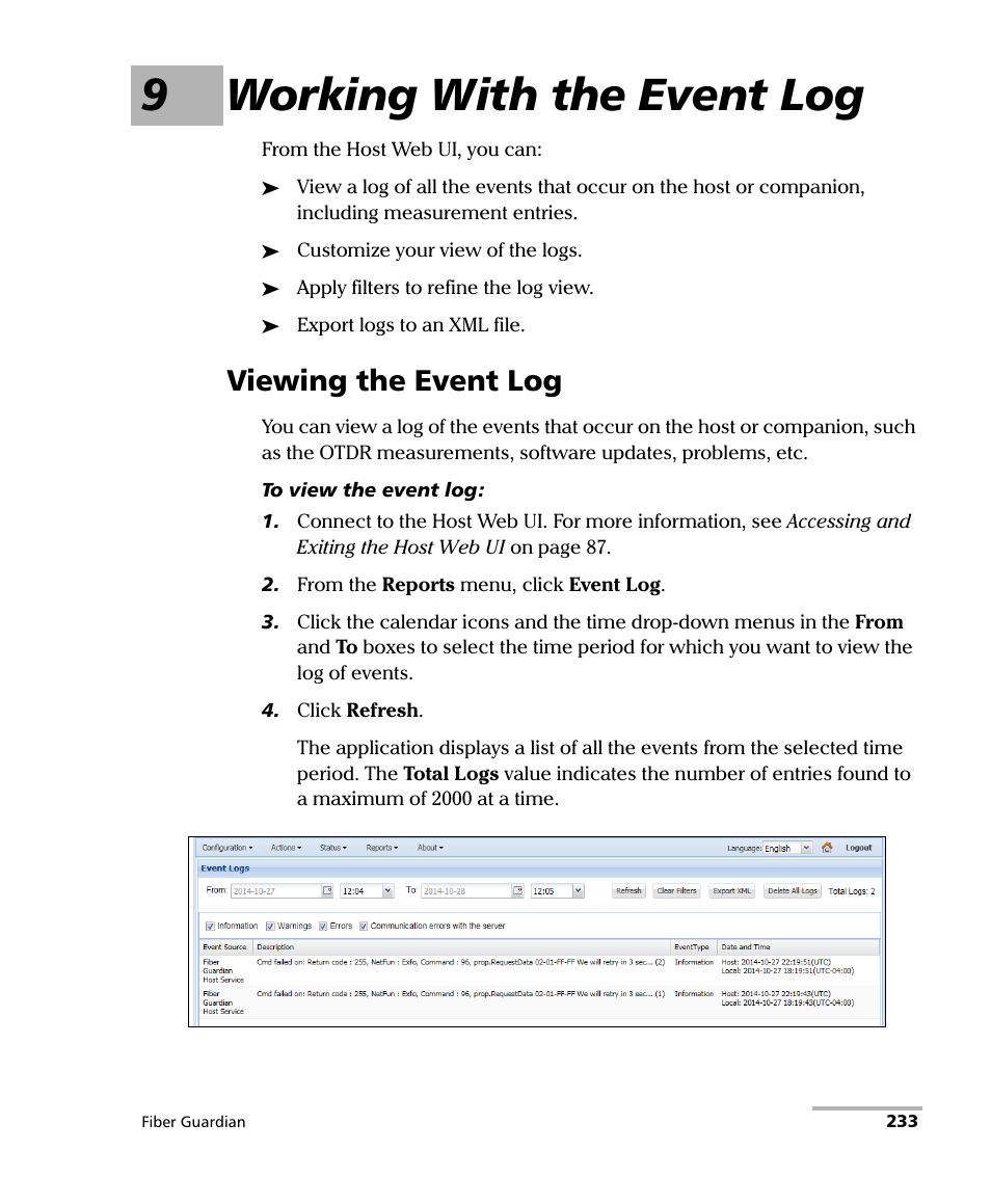 9 working with the event log, Viewing the event log, 9working with the event log | EXFO FG-750 User Manual | Page 247 / 338