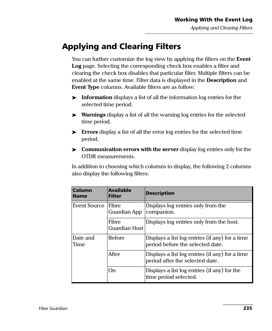 Applying and clearing filters | EXFO FG-750 User Manual | Page 249 / 338