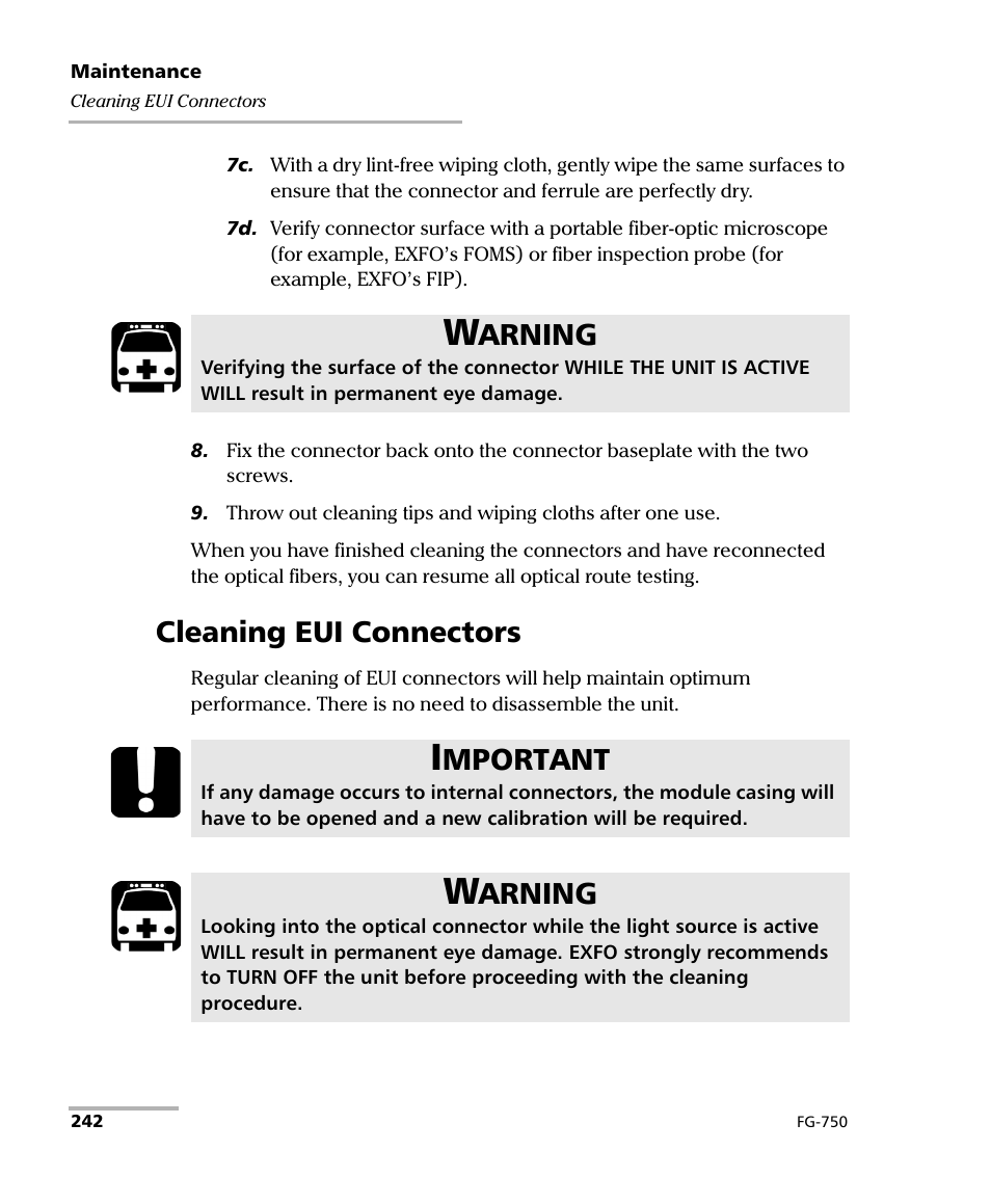 Cleaning eui connectors, Arning, Mportant | EXFO FG-750 User Manual | Page 256 / 338