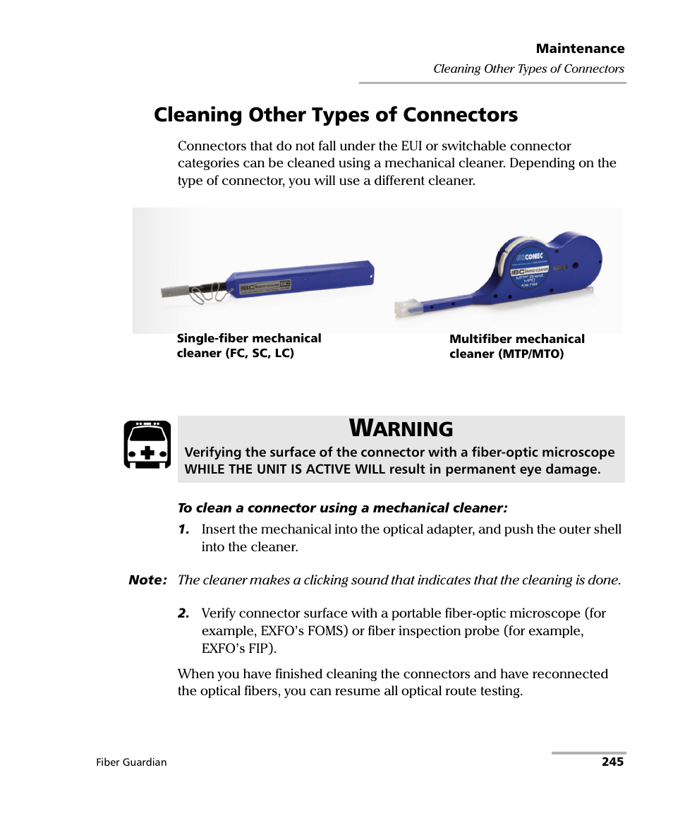 Cleaning other types of connectors, Arning | EXFO FG-750 User Manual | Page 259 / 338