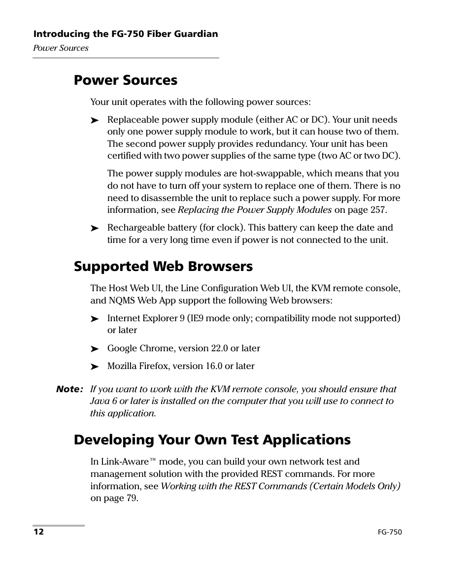 Power sources, Supported web browsers, Developing your own test applications | EXFO FG-750 User Manual | Page 26 / 338