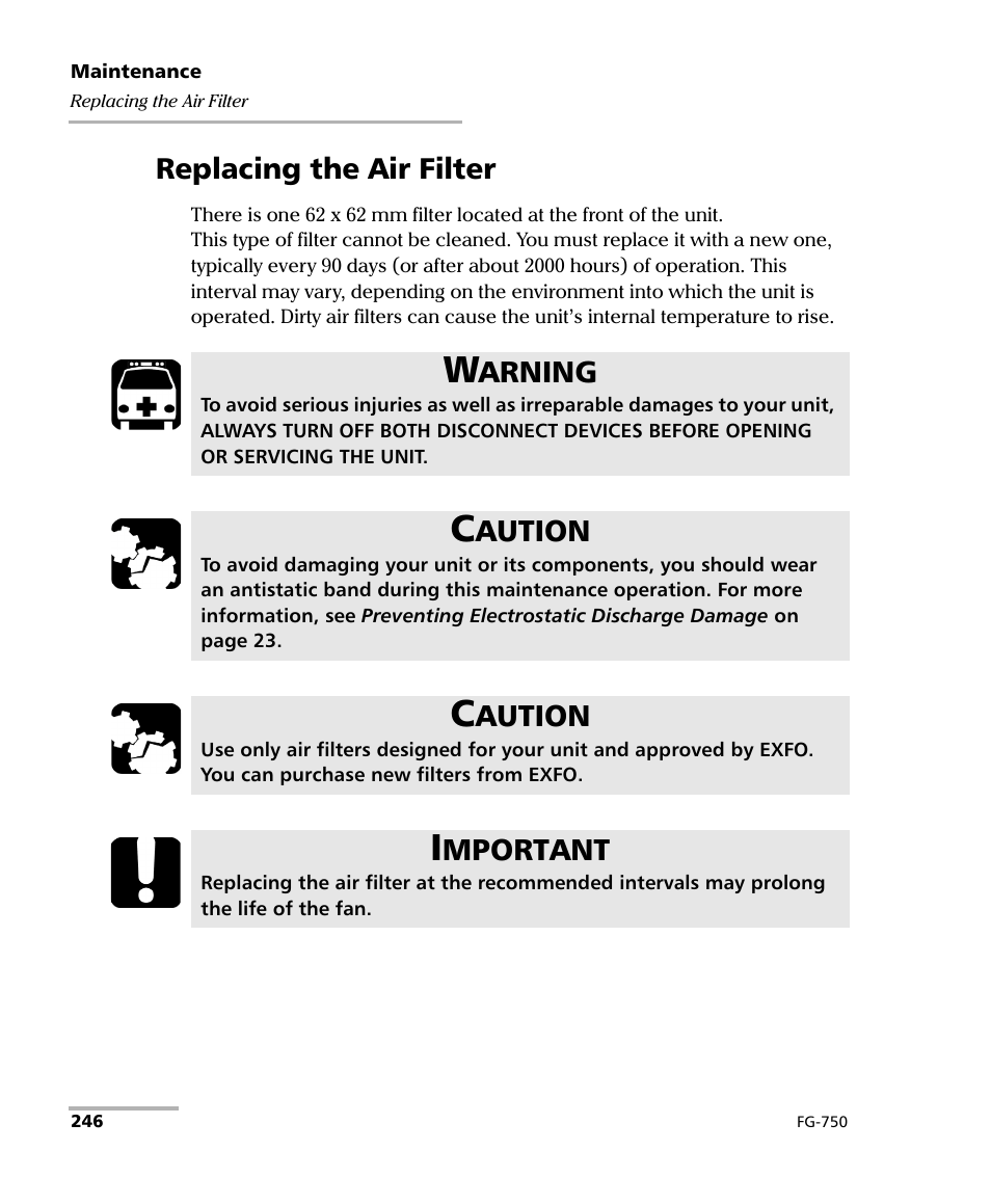 Replacing the air filter | EXFO FG-750 User Manual | Page 260 / 338