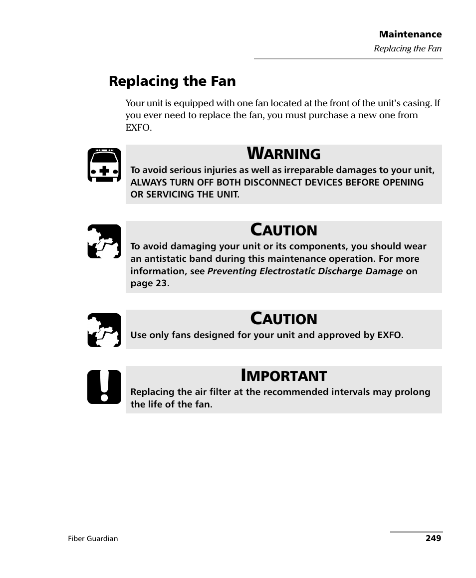 Replacing the fan | EXFO FG-750 User Manual | Page 263 / 338