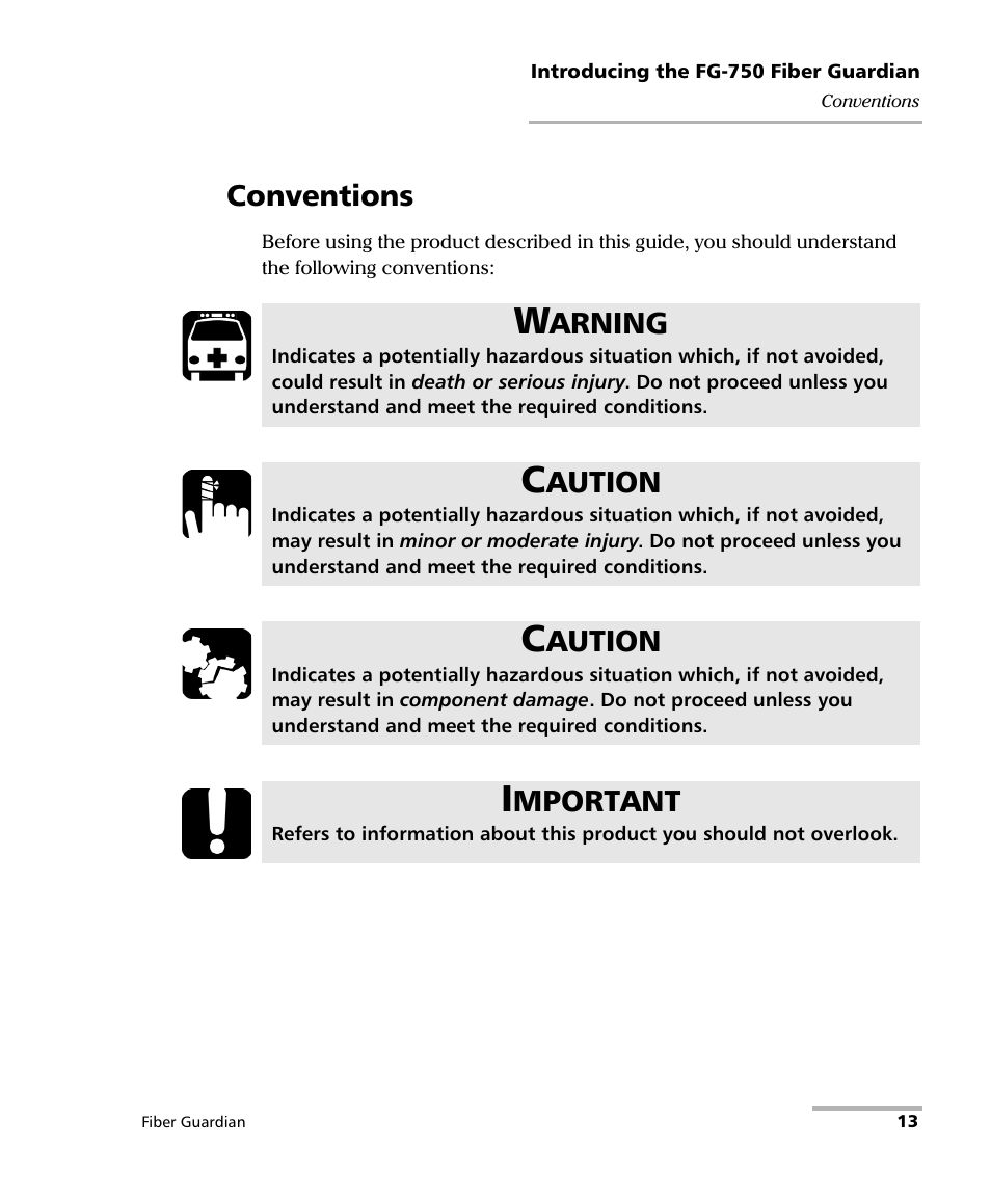 Conventions, Arning, Aution | Mportant | EXFO FG-750 User Manual | Page 27 / 338