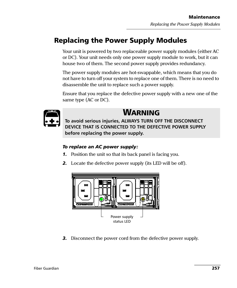 Replacing the power supply modules, Arning | EXFO FG-750 User Manual | Page 271 / 338