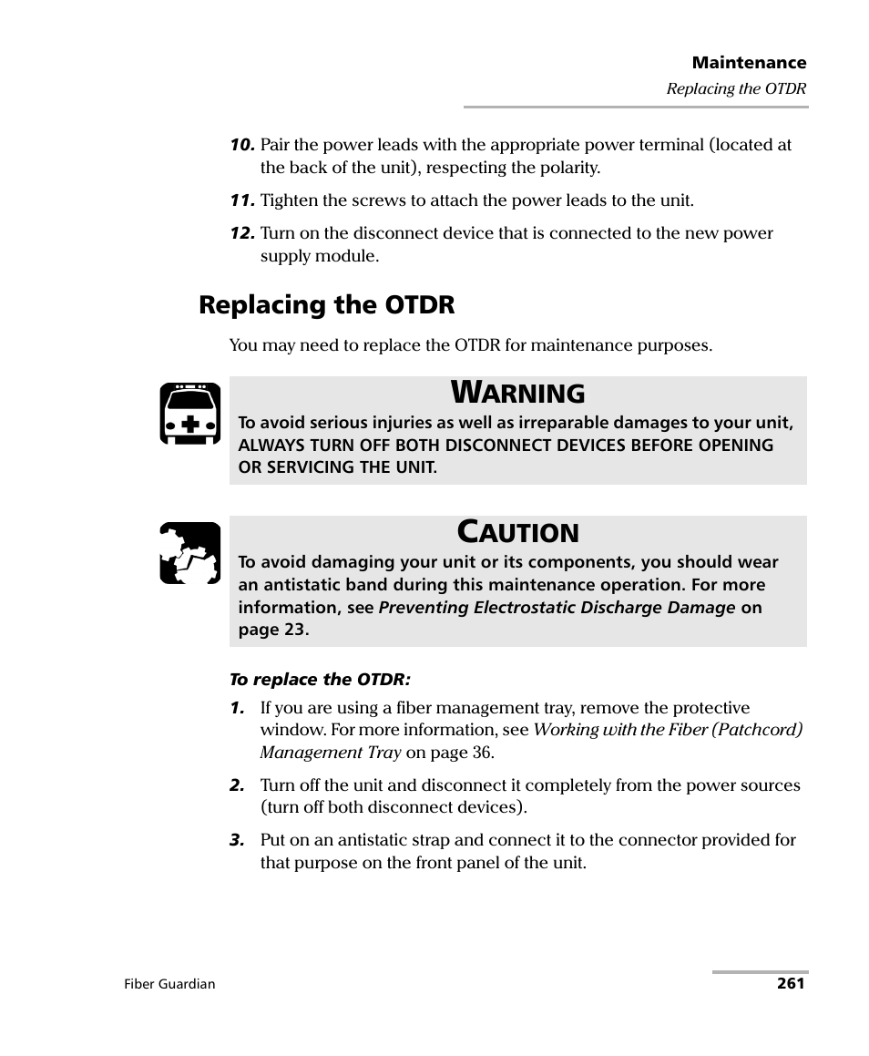 Replacing the otdr, Arning, Aution | EXFO FG-750 User Manual | Page 275 / 338