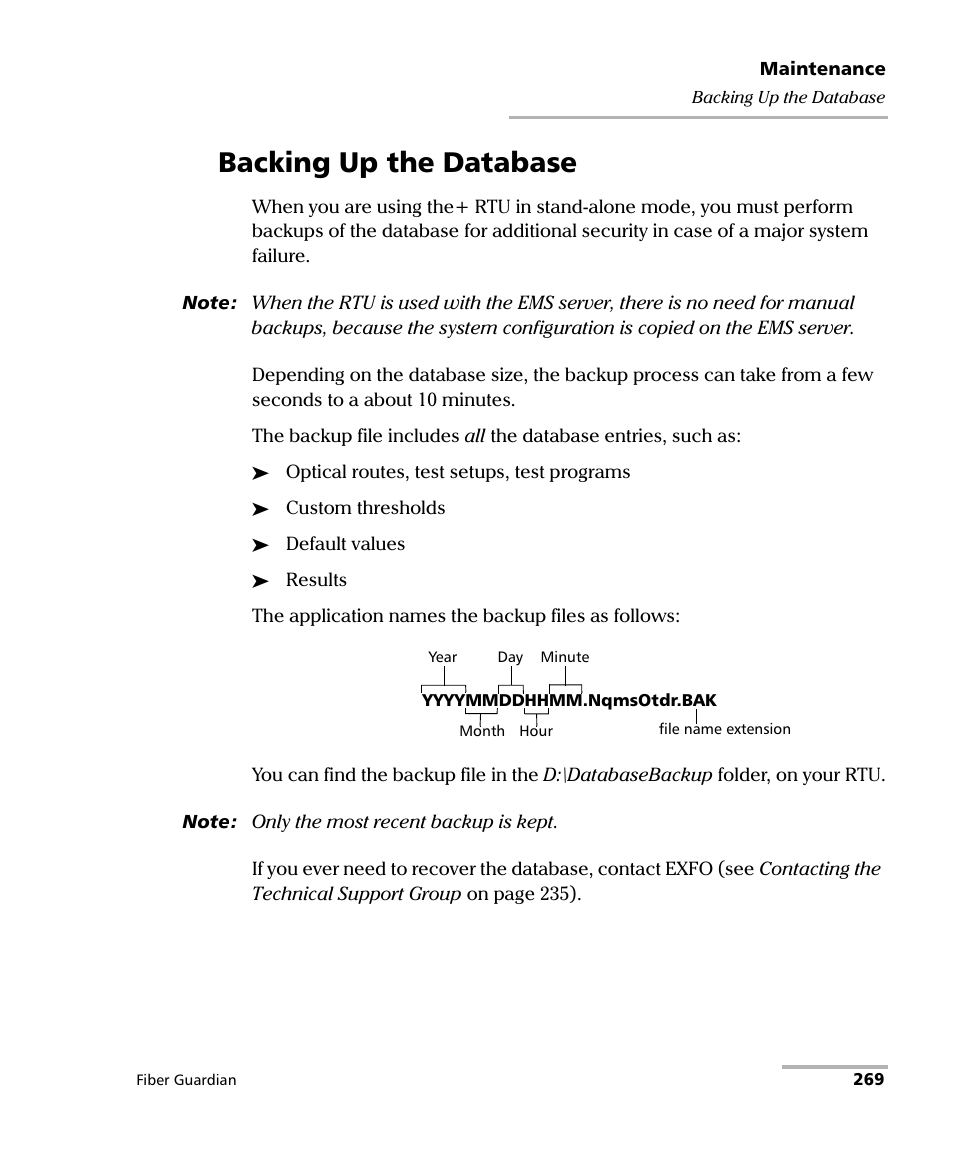 Backing up the database | EXFO FG-750 User Manual | Page 283 / 338