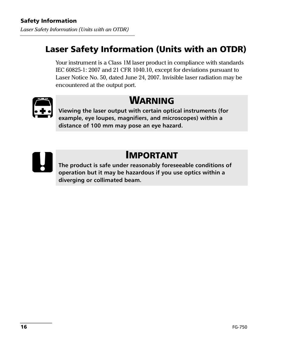 Laser safety information (units with an otdr), Arning, Mportant | EXFO FG-750 User Manual | Page 30 / 338