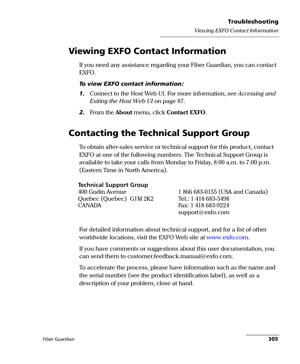 Viewing exfo contact information, Contacting the technical support group | EXFO FG-750 User Manual | Page 319 / 338