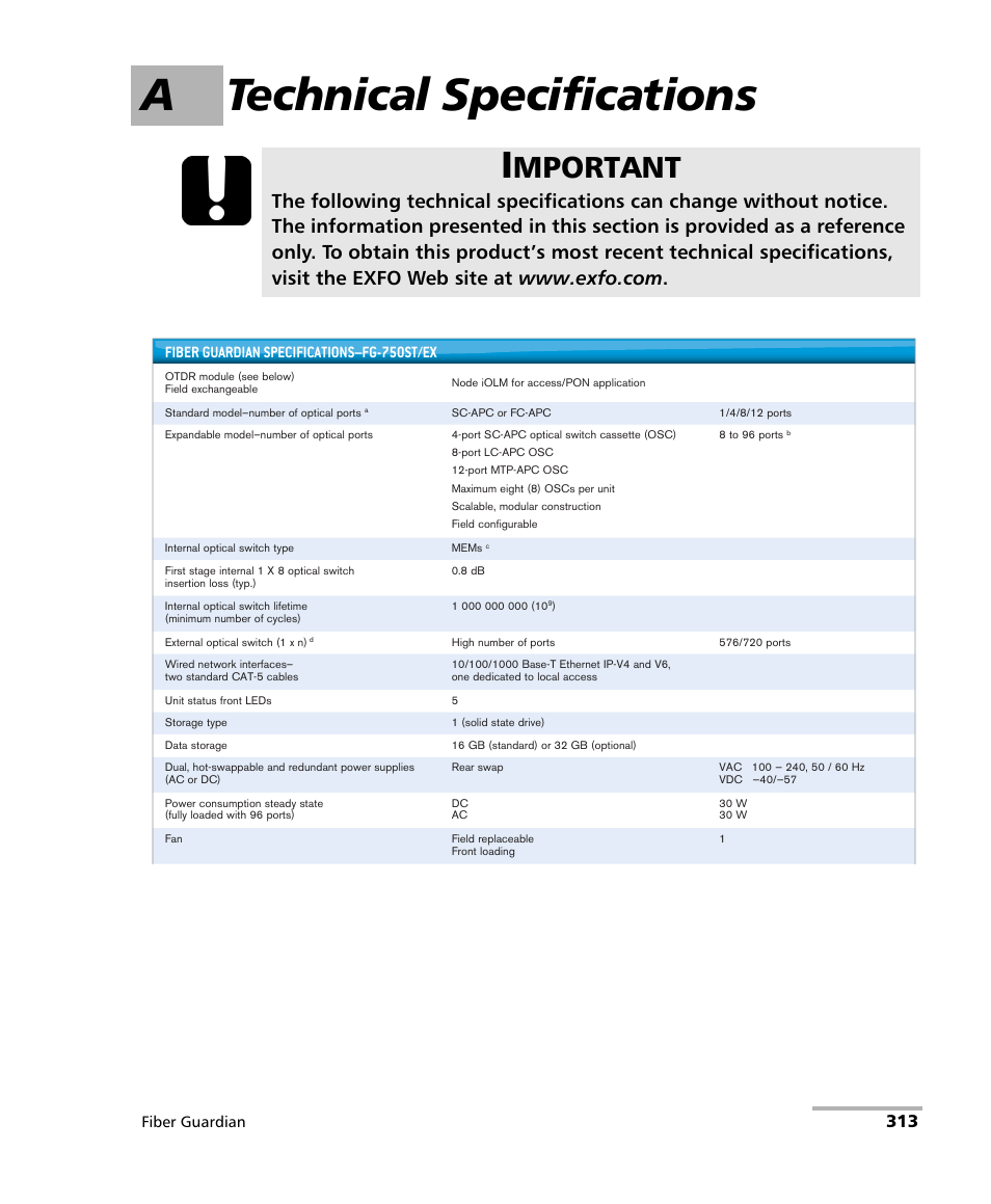 A technical specifications, Mportant, Fiber guardian specifications–fg-750st/ex | EXFO FG-750 User Manual | Page 327 / 338