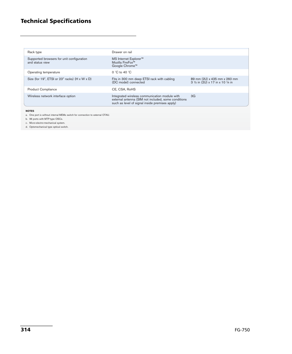 Technical specifications, Fg-750 | EXFO FG-750 User Manual | Page 328 / 338