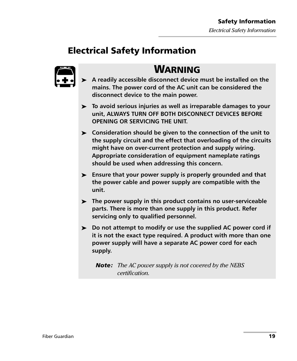 Electrical safety information, Arning | EXFO FG-750 User Manual | Page 33 / 338