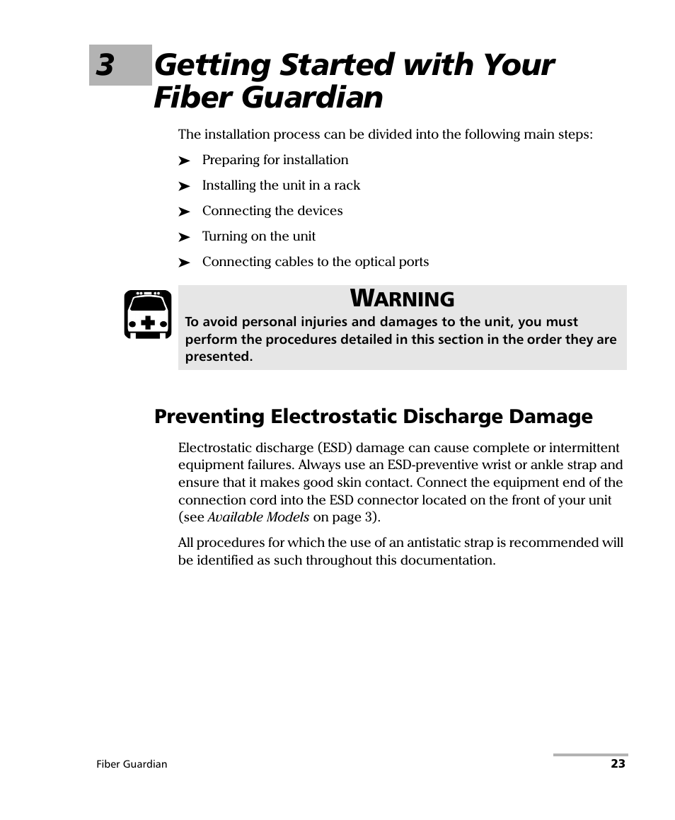 3 getting started with your fiber guardian, Preventing electrostatic discharge damage, 3getting started with your fiber guardian | Arning | EXFO FG-750 User Manual | Page 37 / 338