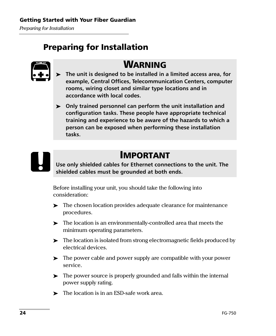 Preparing for installation, Arning, Mportant | EXFO FG-750 User Manual | Page 38 / 338