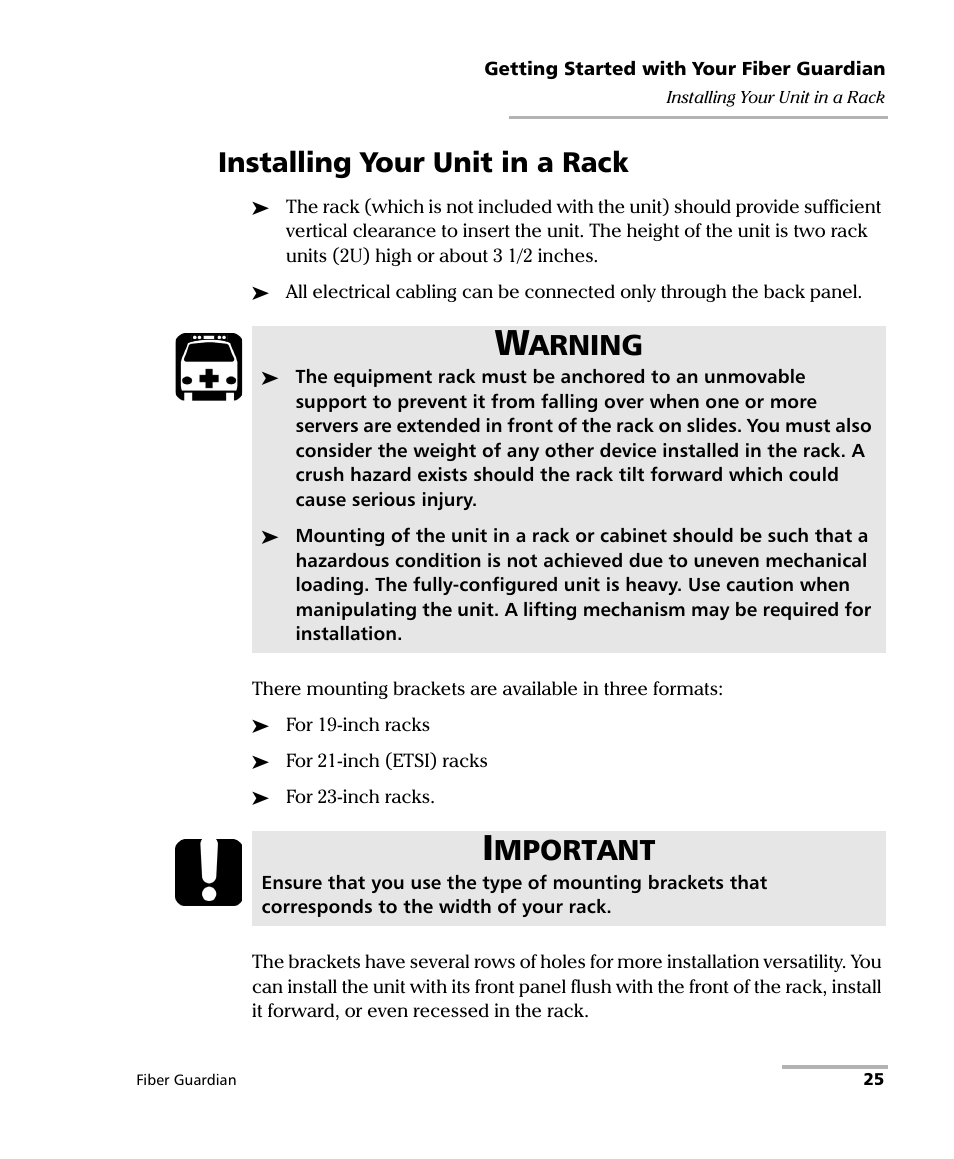 Installing your unit in a rack, Arning, Mportant | EXFO FG-750 User Manual | Page 39 / 338