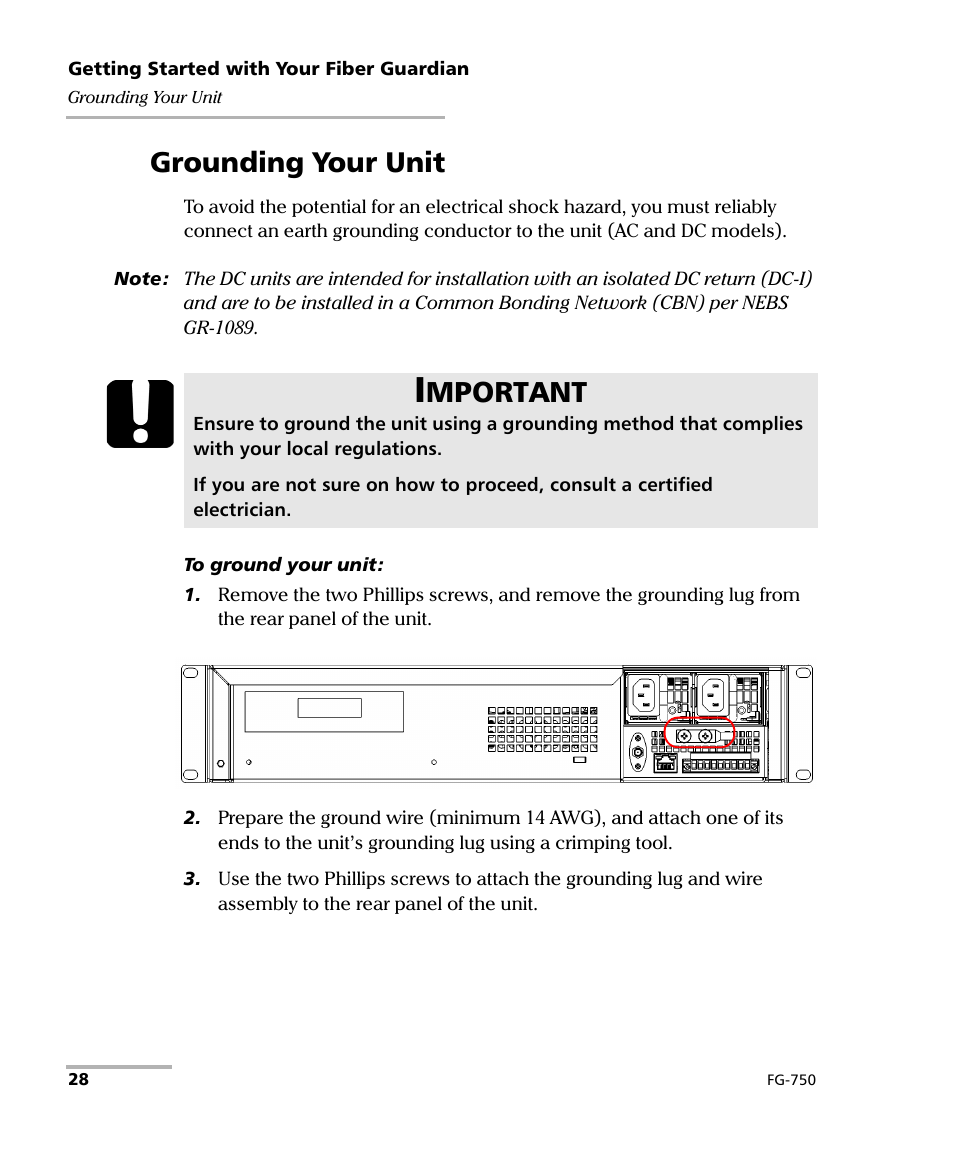 Grounding your unit, Mportant | EXFO FG-750 User Manual | Page 42 / 338