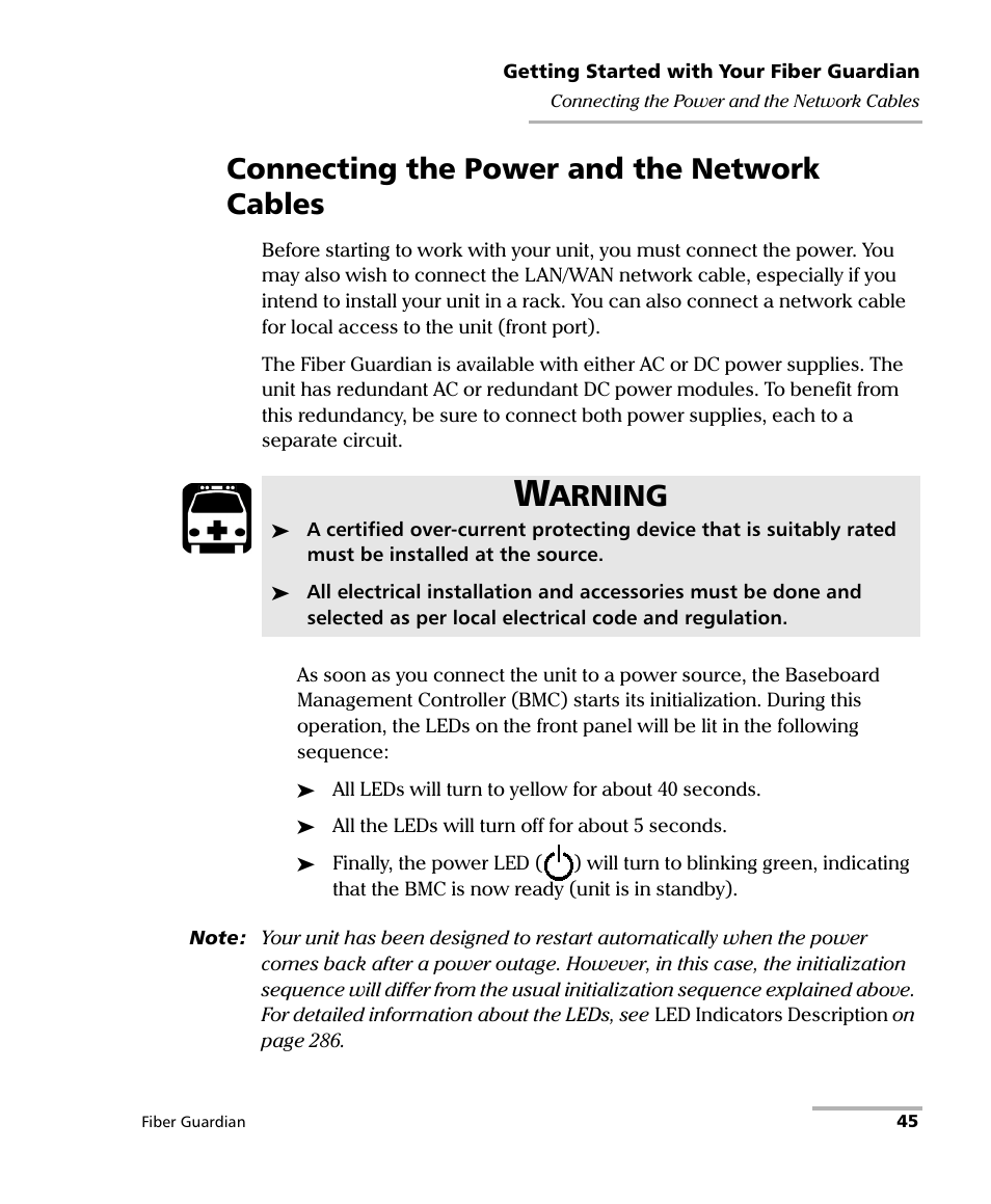 Connecting the power and the network cables, Arning | EXFO FG-750 User Manual | Page 59 / 338