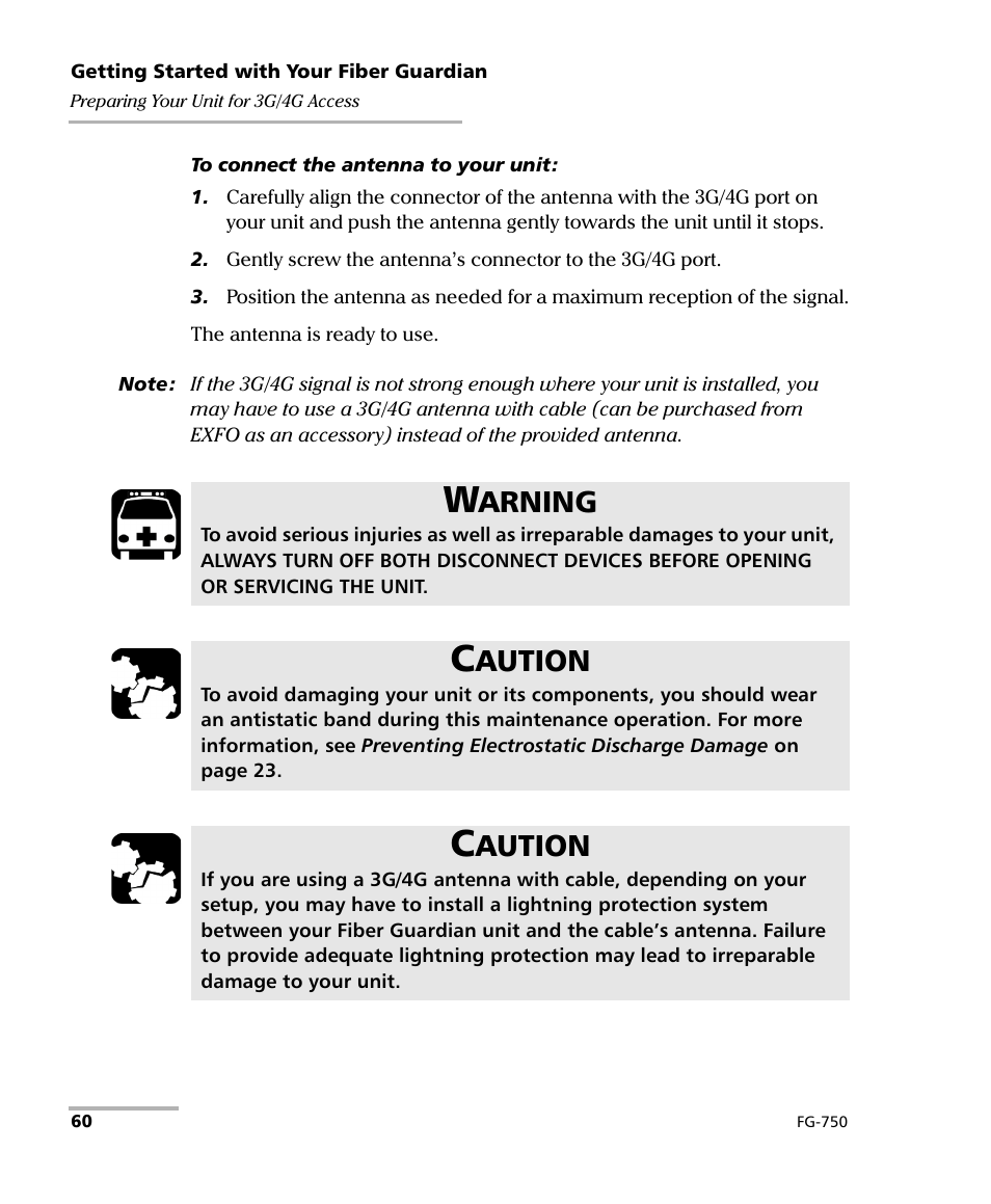 Arning, Aution | EXFO FG-750 User Manual | Page 74 / 338