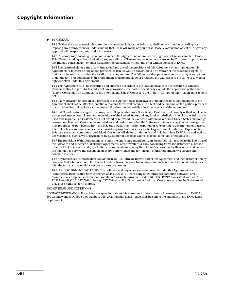 Copyright information, Viii, Fg-750 | EXFO FG-750 User Manual | Page 8 / 338