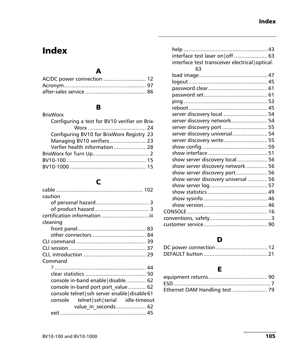 Index | EXFO BV10 Performance Endpoint Unit User Manual | Page 111 / 116