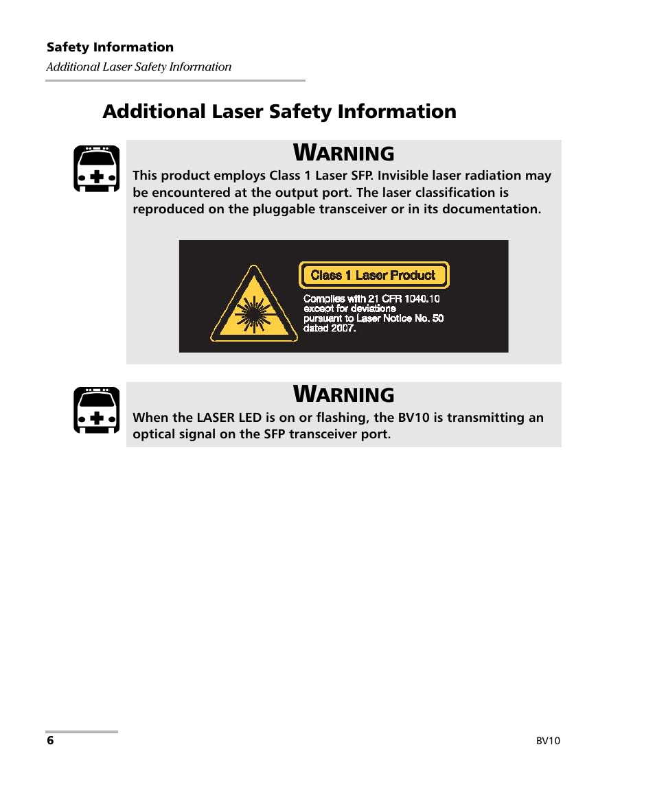 Additional laser safety information, Arning | EXFO BV10 Performance Endpoint Unit User Manual | Page 12 / 116
