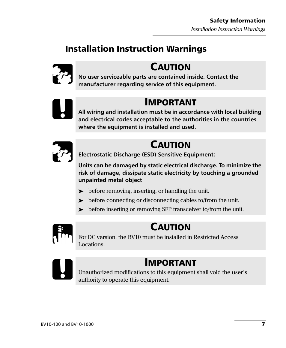 Installation instruction warnings, Aution, Mportant | EXFO BV10 Performance Endpoint Unit User Manual | Page 13 / 116