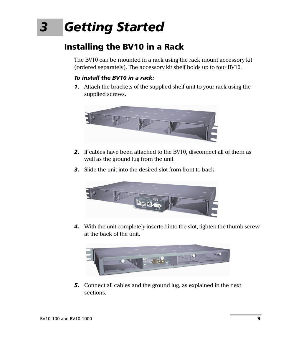 3 getting started, Installing the bv10 in a rack, 3getting started | EXFO BV10 Performance Endpoint Unit User Manual | Page 15 / 116