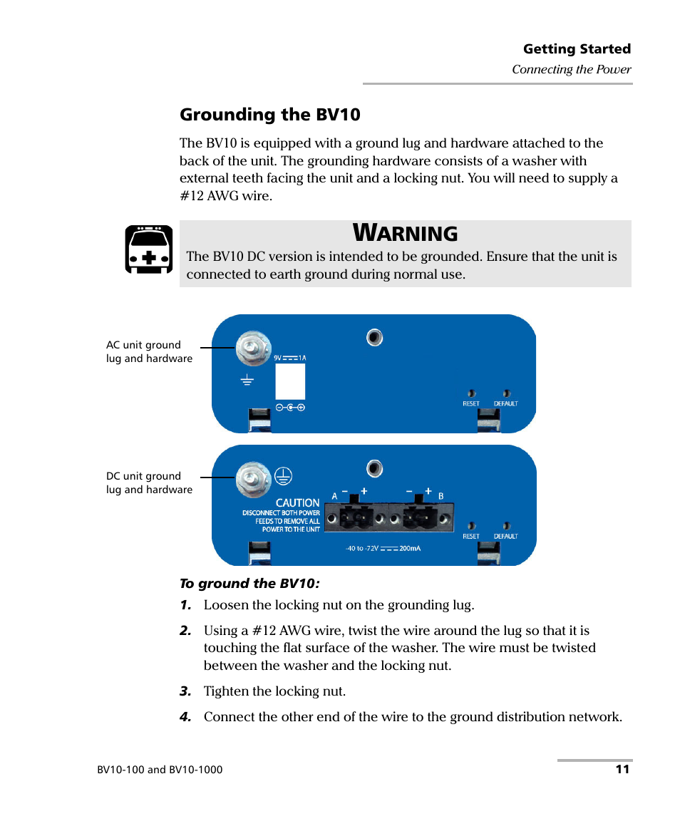 Arning, Grounding the bv10 | EXFO BV10 Performance Endpoint Unit User Manual | Page 17 / 116
