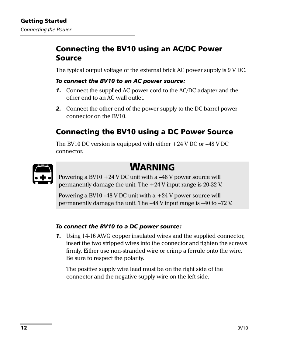 Arning, Connecting the bv10 using an ac/dc power source, Connecting the bv10 using a dc power source | EXFO BV10 Performance Endpoint Unit User Manual | Page 18 / 116