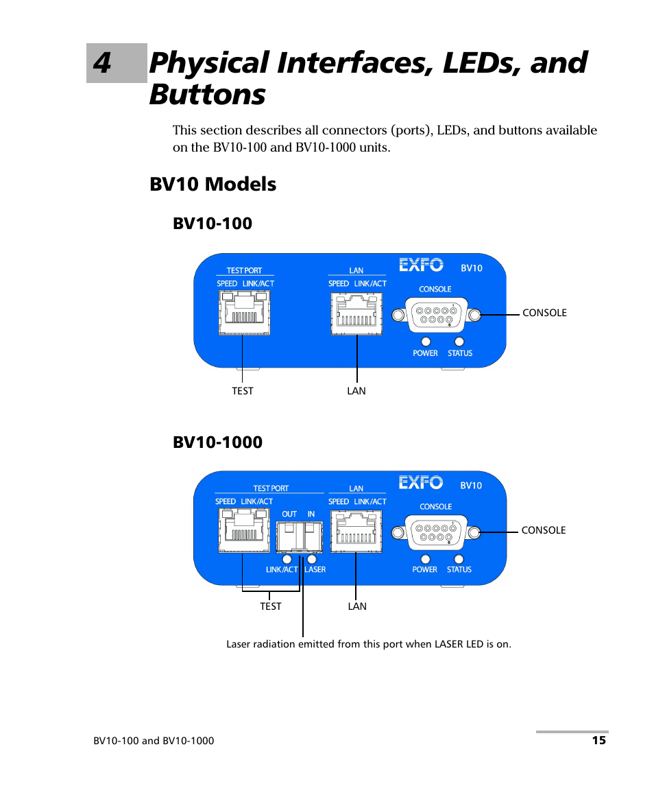 4 physical interfaces, leds, and buttons, Bv10 models, 4physical interfaces, leds, and buttons | EXFO BV10 Performance Endpoint Unit User Manual | Page 21 / 116