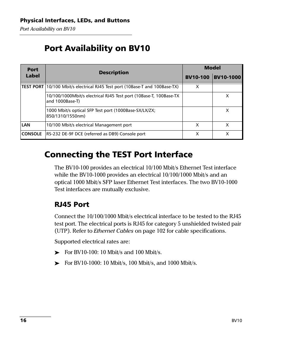 Port availability on bv10, Connecting the test port interface, Rj45 port | EXFO BV10 Performance Endpoint Unit User Manual | Page 22 / 116