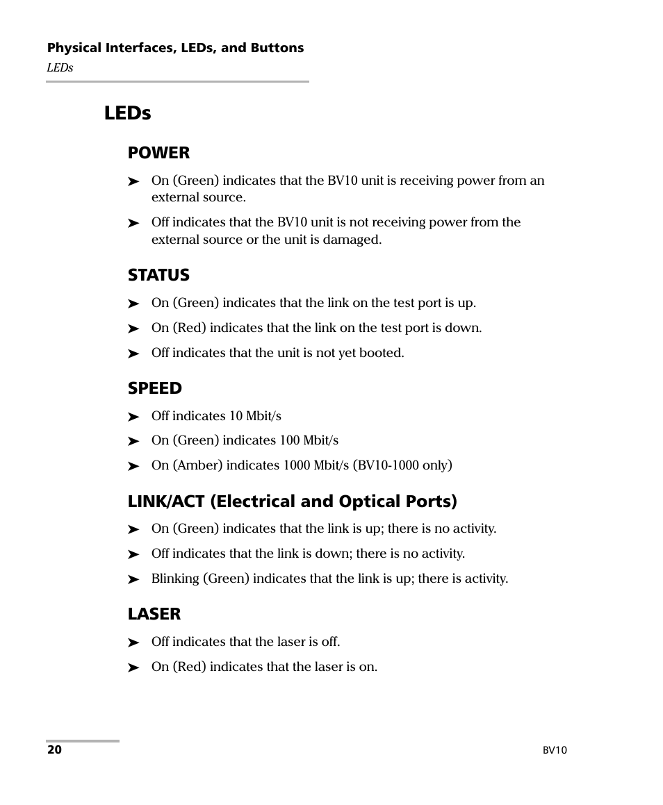 Leds, Power, Status | Speed, Link/act (electrical and optical ports), Laser | EXFO BV10 Performance Endpoint Unit User Manual | Page 26 / 116