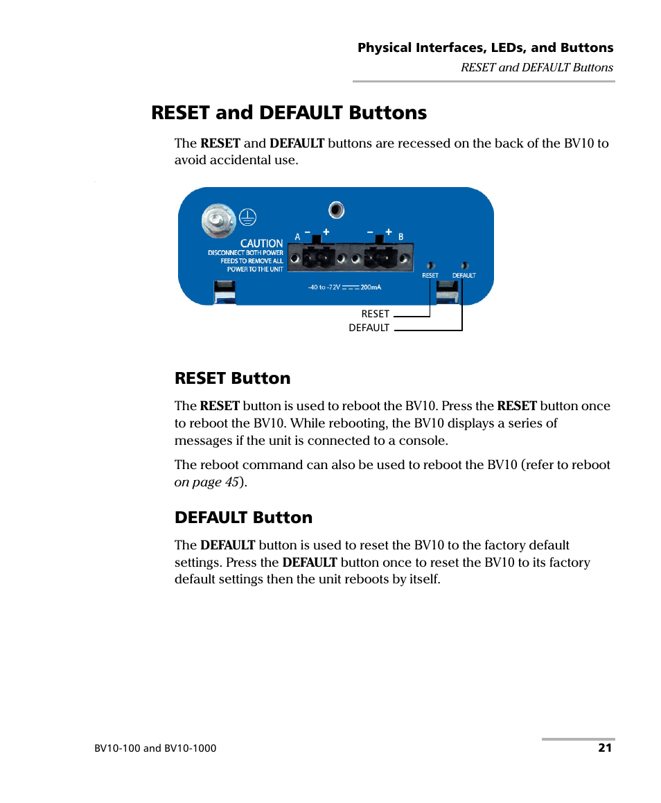 Reset and default buttons, Reset button, Default button | EXFO BV10 Performance Endpoint Unit User Manual | Page 27 / 116