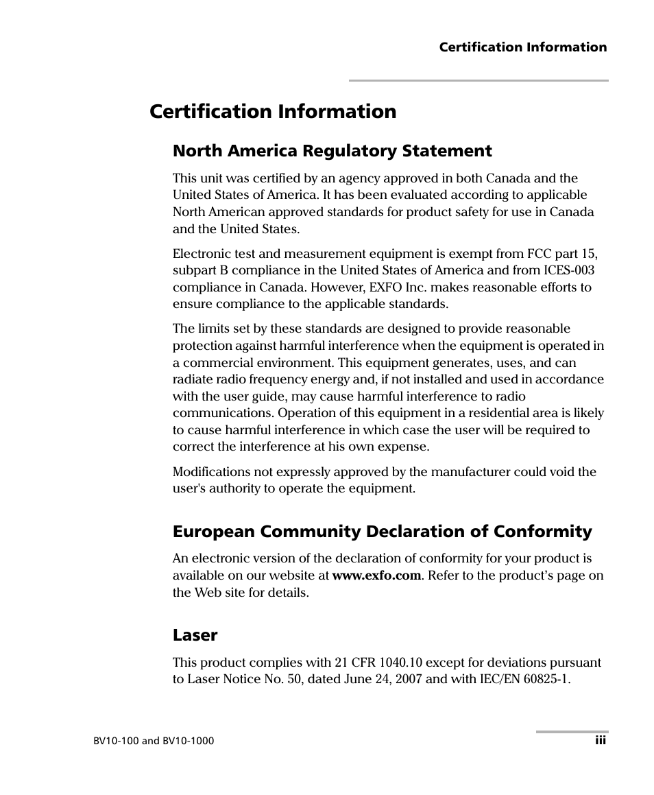 Certification information, North america regulatory statement, European community declaration of conformity | Laser | EXFO BV10 Performance Endpoint Unit User Manual | Page 3 / 116