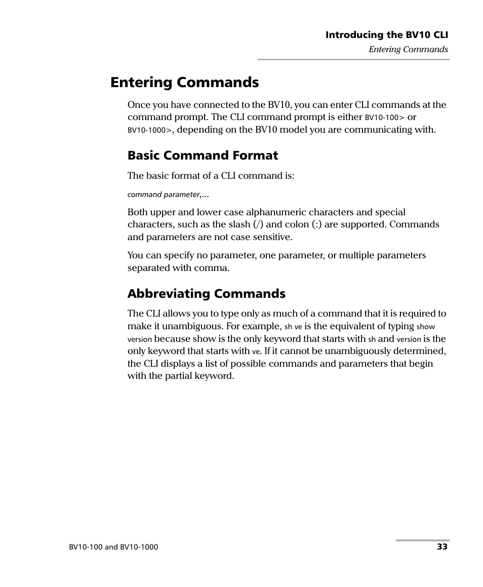 Entering commands, Basic command format, Abbreviating commands | EXFO BV10 Performance Endpoint Unit User Manual | Page 39 / 116