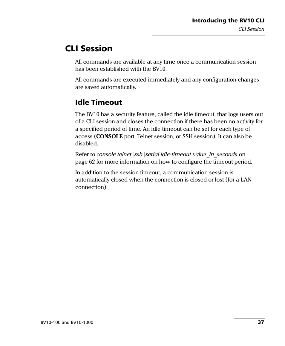 Cli session, Idle timeout | EXFO BV10 Performance Endpoint Unit User Manual | Page 43 / 116