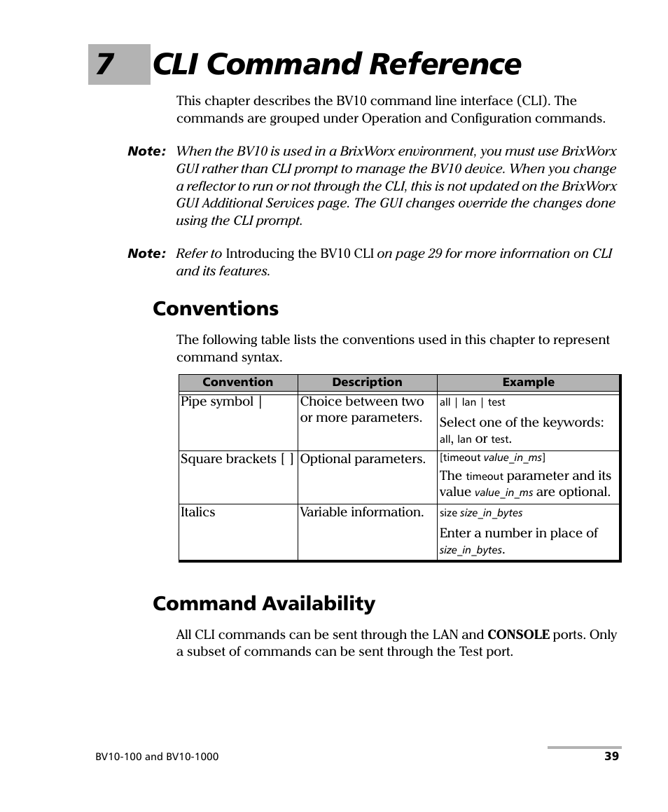 7 cli command reference, Conventions, Command availability | Conventions command availability, 7cli command reference | EXFO BV10 Performance Endpoint Unit User Manual | Page 45 / 116