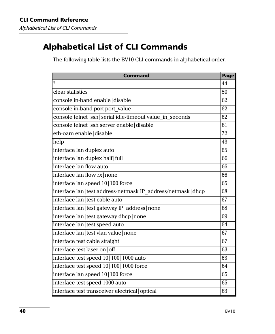 Alphabetical list of cli commands | EXFO BV10 Performance Endpoint Unit User Manual | Page 46 / 116