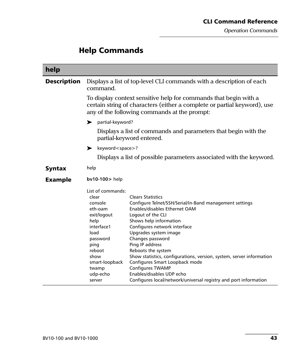 Help, Help commands | EXFO BV10 Performance Endpoint Unit User Manual | Page 49 / 116