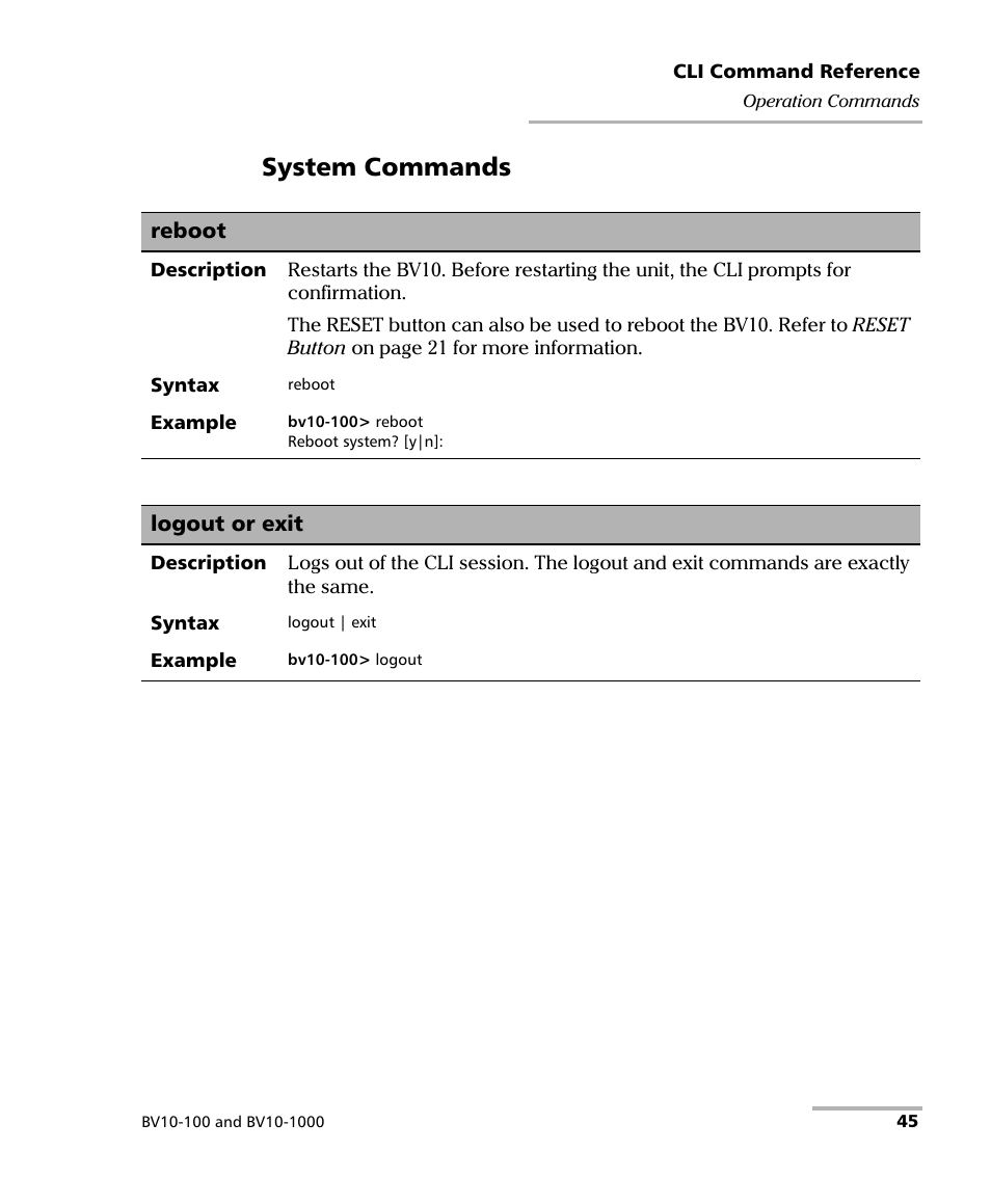 Logout or exit, Reboot, System commands | EXFO BV10 Performance Endpoint Unit User Manual | Page 51 / 116