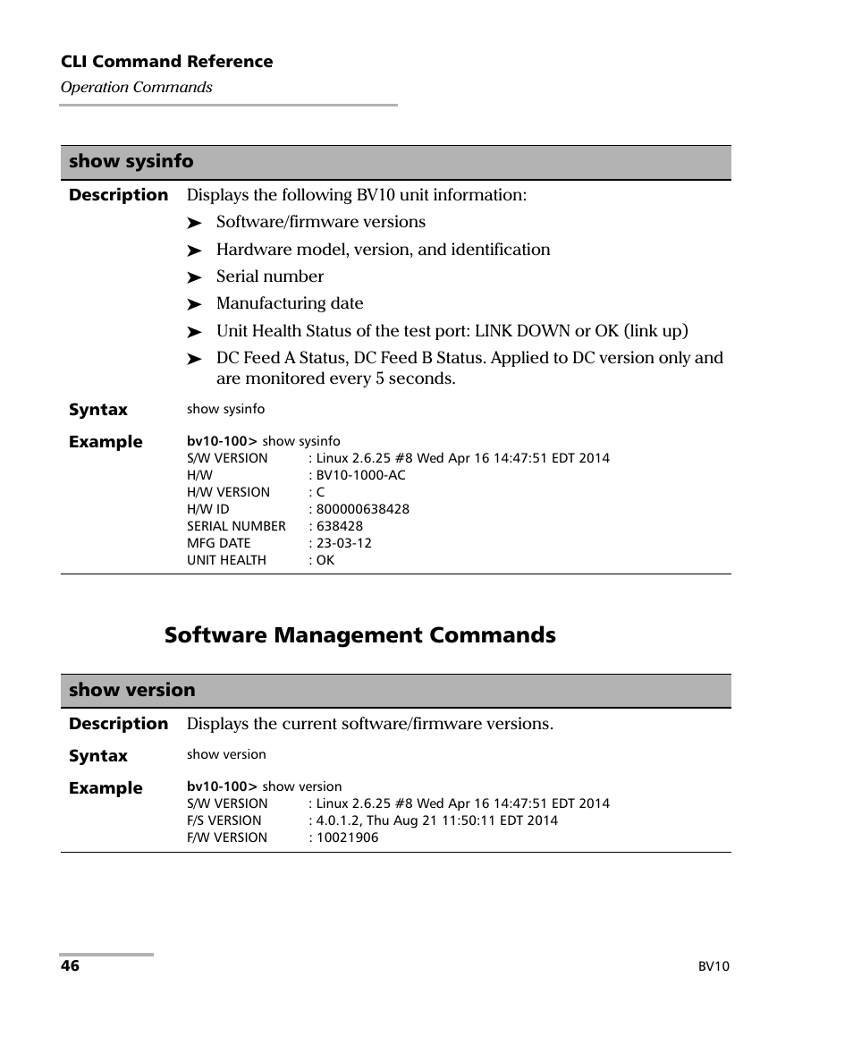 Show sysinfo, Show version, Software management commands | EXFO BV10 Performance Endpoint Unit User Manual | Page 52 / 116