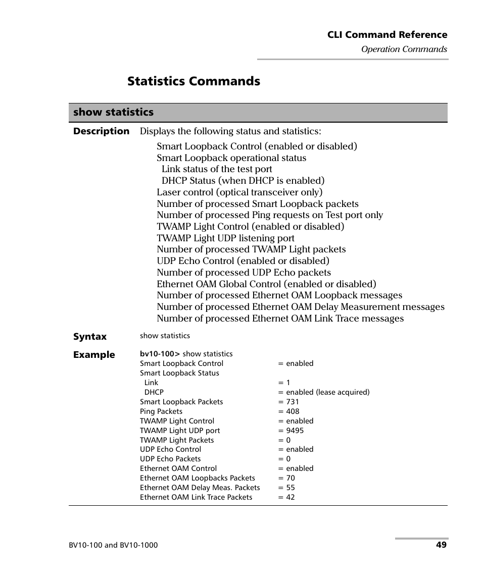 Show statistics, Statistics commands | EXFO BV10 Performance Endpoint Unit User Manual | Page 55 / 116