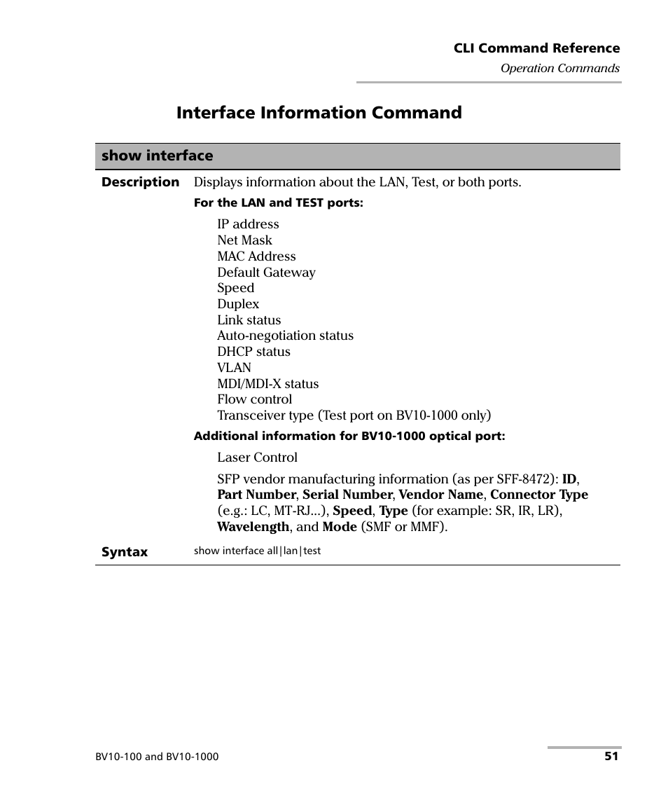 Show interface, Interface information command | EXFO BV10 Performance Endpoint Unit User Manual | Page 57 / 116