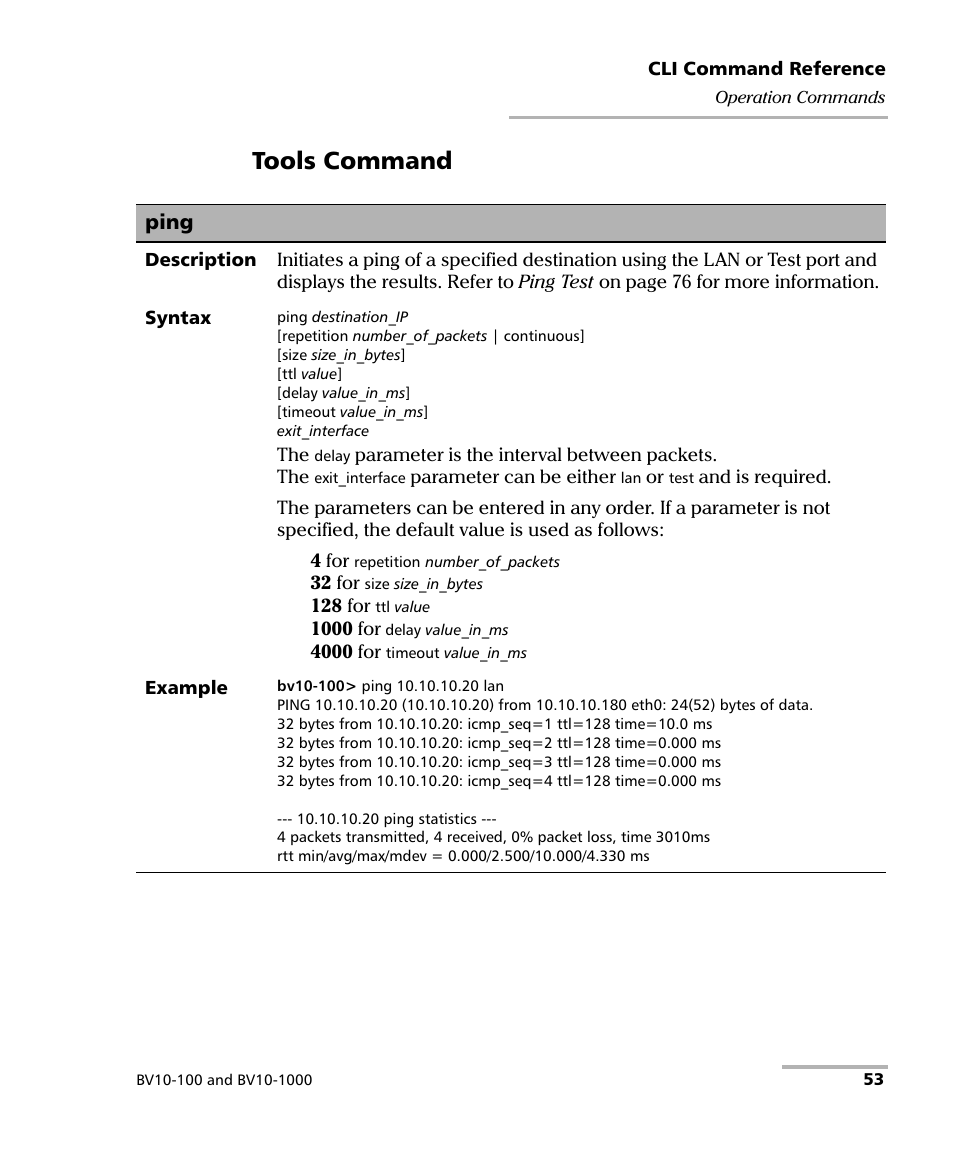 Ping, Tools command | EXFO BV10 Performance Endpoint Unit User Manual | Page 59 / 116