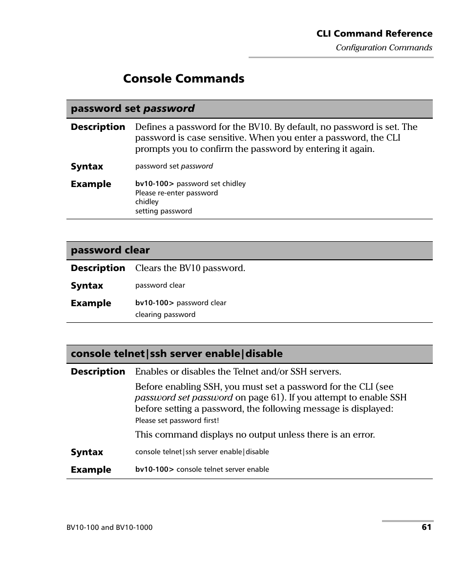 Console telnet|ssh server enable|disable, Password clear, Password set password | Console commands | EXFO BV10 Performance Endpoint Unit User Manual | Page 67 / 116