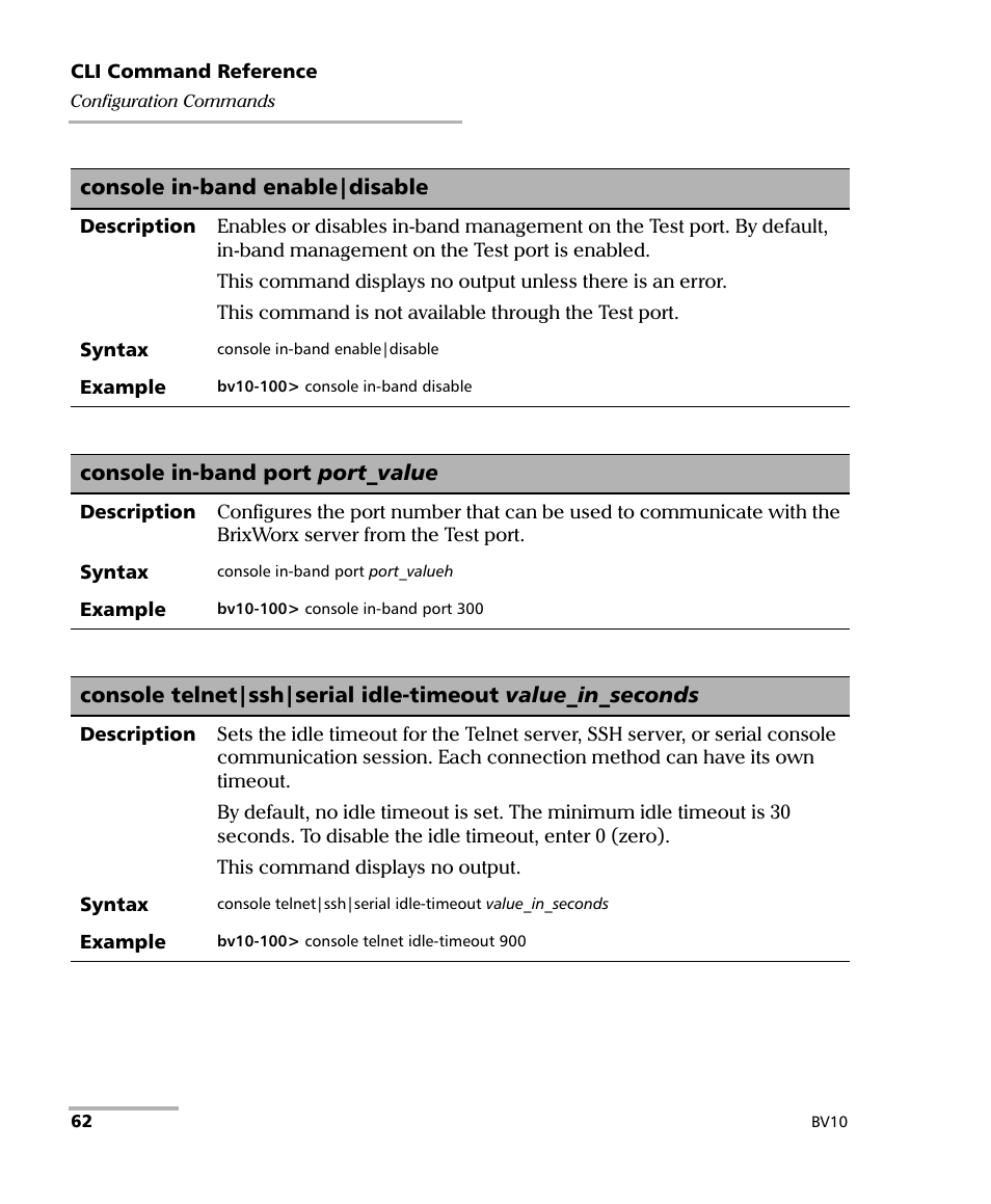 Console in-band enable|disable, Console in-band port port_value | EXFO BV10 Performance Endpoint Unit User Manual | Page 68 / 116
